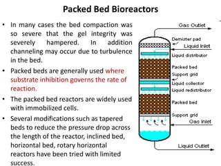 Packed Bed Bioreactors
• In many cases the bed compaction was
so severe that the gel integrity was
severely hampered. In addition
channeling may occur due to turbulence
in the bed.
• Packed beds are generally used where
substrate inhibition governs the rate of
reaction.
• The packed bed reactors are widely used
with immobilized cells.
• Several modifications such as tapered
beds to reduce the pressure drop across
the length of the reactor, inclined bed,
horizontal bed, rotary horizontal
reactors have been tried with limited
success.
 