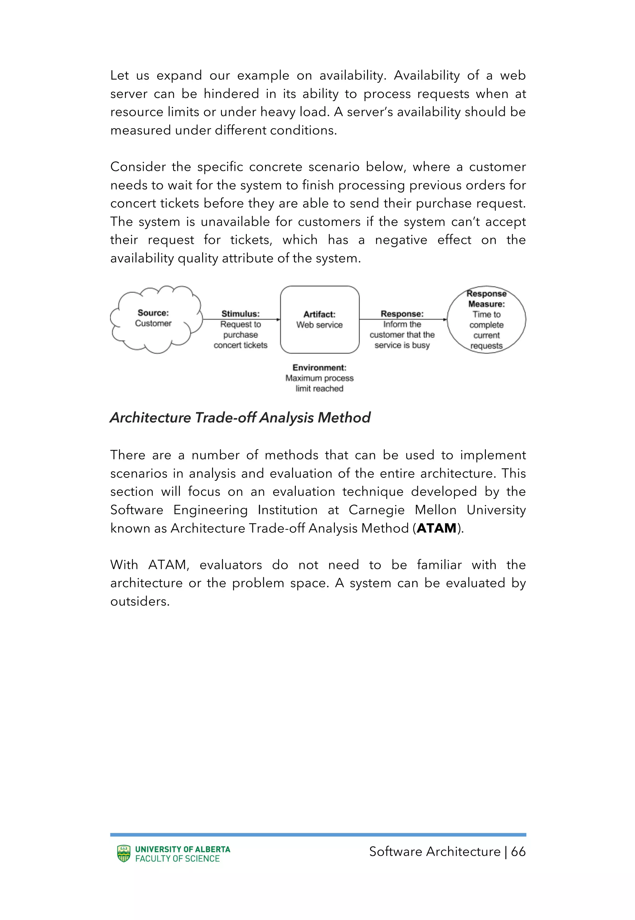 Software Architecture | 66
Let us expand our example on availability. Availability of a web
server can be hindered in its ability to process requests when at
resource limits or under heavy load. A server’s availability should be
measured under different conditions.
Consider the specific concrete scenario below, where a customer
needs to wait for the system to finish processing previous orders for
concert tickets before they are able to send their purchase request.
The system is unavailable for customers if the system can’t accept
their request for tickets, which has a negative effect on the
availability quality attribute of the system.
Architecture Trade-off Analysis Method
There are a number of methods that can be used to implement
scenarios in analysis and evaluation of the entire architecture. This
section will focus on an evaluation technique developed by the
Software Engineering Institution at Carnegie Mellon University
known as Architecture Trade-off Analysis Method (ATAM).
With ATAM, evaluators do not need to be familiar with the
architecture or the problem space. A system can be evaluated by
outsiders.
 