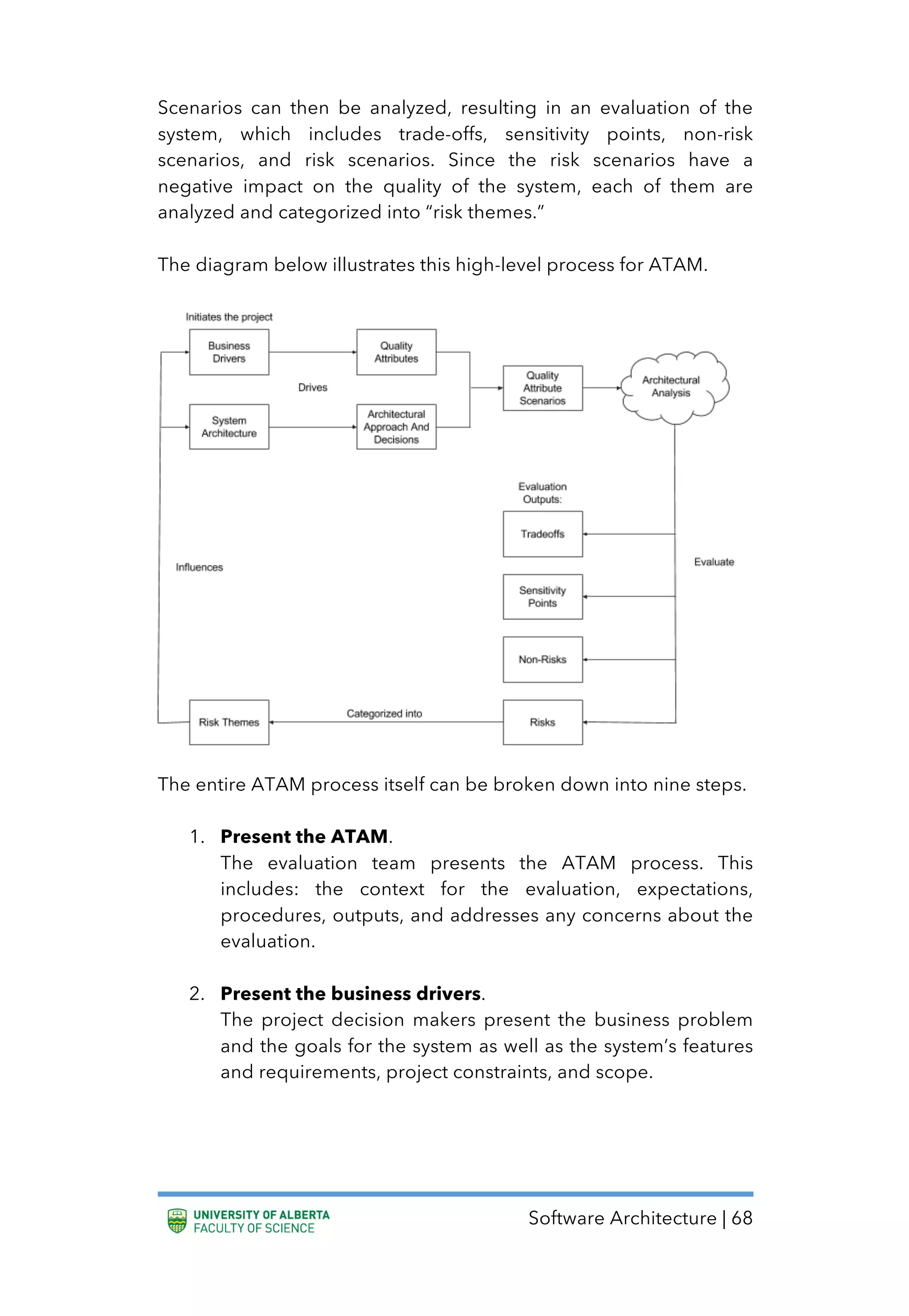 Software Architecture | 68
Scenarios can then be analyzed, resulting in an evaluation of the
system, which includes trade-offs, sensitivity points, non-risk
scenarios, and risk scenarios. Since the risk scenarios have a
negative impact on the quality of the system, each of them are
analyzed and categorized into “risk themes.”
The diagram below illustrates this high-level process for ATAM.
The entire ATAM process itself can be broken down into nine steps.
1. Present the ATAM.
The evaluation team presents the ATAM process. This
includes: the context for the evaluation, expectations,
procedures, outputs, and addresses any concerns about the
evaluation.
2. Present the business drivers.
The project decision makers present the business problem
and the goals for the system as well as the system’s features
and requirements, project constraints, and scope.
 