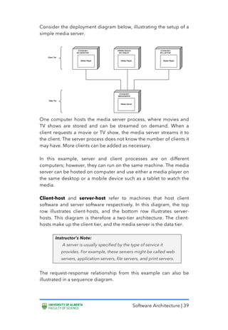 Software Architecture | 39
Consider the deployment diagram below, illustrating the setup of a
simple media server.
One computer hosts the media server process, where movies and
TV shows are stored and can be streamed on demand. When a
client requests a movie or TV show, the media server streams it to
the client. The server process does not know the number of clients it
may have. More clients can be added as necessary.
In this example, server and client processes are on different
computers; however, they can run on the same machine. The media
server can be hosted on computer and use either a media player on
the same desktop or a mobile device such as a tablet to watch the
media.
Client-host and server-host refer to machines that host client
software and server software respectively. In this diagram, the top
row illustrates client-hosts, and the bottom row illustrates server-
hosts. This diagram is therefore a two-tier architecture. The client-
hosts make up the client tier, and the media server is the data tier.
Instructor’s Note:
A server is usually specified by the type of service it
provides. For example, these servers might be called web
servers, application servers, file servers, and print servers.
The request-response relationship from this example can also be
illustrated in a sequence diagram.
 