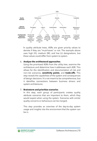 Software Architecture | 70
In quality attribute trees, ASRs are given priority values to
denote if they are “must-haves” or not. The example above
uses high (H), medium (M), and low (L) designations, but
these values could differ from system to system.
6. Analyze the architectural approaches.
Using the prioritized ASRs from the utility tree, examine the
architecture and determine how it addresses each ASR. This
allows for the identification and documentation of risk and
non-risk scenarios, sensitivity points, and trade-offs. This
step reveals the capabilities of the system and consequences
of design decisions. It is not meant to be comprehensive, but
it identifies connections between business drivers and
system architectures.
7. Brainstorm and prioritize scenarios.
In this step, each group of participants creates quality
attribute scenarios that are important to them, which they
would expect when using the system. Scenarios with similar
quality concerns or behaviours can be merged.
This step provides an overview of the day-to-day system
usage and insights into the environment that the system can
be in.
 