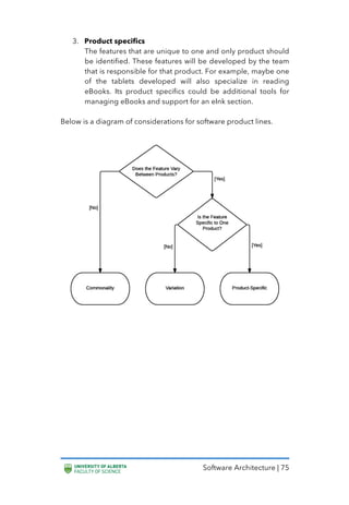 Software Architecture | 75
3. Product specifics
The features that are unique to one and only product should
be identified. These features will be developed by the team
that is responsible for that product. For example, maybe one
of the tablets developed will also specialize in reading
eBooks. Its product specifics could be additional tools for
managing eBooks and support for an eInk section.
Below is a diagram of considerations for software product lines.
 