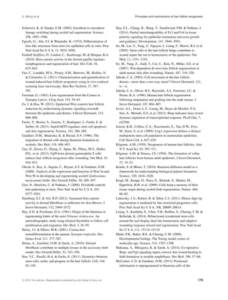 X. Wang et al. Principles and mechanisms of hair follicle neogenesis
Echeverri, K. & Tanaka, E.M. (2002). Ectoderm to mesoderm
lineage switching during axolotl tail regeneration. Science,
298, 1993–1996.
Eguchi, G., Abe, S.I. & Watanabe, K. (1974). Differentiation of
lens-like structures from newt iris epithelial cells in vitro. Proc
Natl Acad Sci U S A, 71, 5052–5056.
Enshell-Seijffers, D., Lindon, C., Kashiwagi, M. & Morgan, B.A.
(2010). Beta-catenin activity in the dermal papilla regulates
morphogenesis and regeneration of hair. Dev Cell, 18,
633–642.
Fan, C., Luedtke, M.A., Prouty, S.M., Burrows, M., Kollias, N.
& Cotsarelis, G. (2011). Characterization and quantiﬁcation of
wound-induced hair follicle neogenesis using in vivo confocal
scanning laser microscopy. Skin Res Technol, 17, 387–
397.
Freeman, G. (1963). Lens regeneration from the Cornea in
Xenopus Laevis. J Exp Zool, 154, 39–65.
Fu, J. & Hsu, W. (2013). Epidermal Wnt controls hair follicle
induction by orchestrating dynamic signaling crosstalk
between the epidermis and dermis. J Invest Dermatol, 133,
890–898.
Fuchs, Y., Brown, S., Gorenc, T., Rodriguez, J., Fuchs, E. &
Steller, H. (2013). Sept4/ARTS regulates stem cell apoptosis
and skin regeneration. Science, 341, 286–289.
Gardiner, D.M., Muneoka, K. & Bryant, S.V. (1986). The
migration of dermal cells during blastema formation in
axolotls. Dev Biol, 118, 488–493.
Gay, D., Kwon, O., Zhang, Z., Spata, M., Plikus, M.V., Holler,
P.D., et al. (2013). Fgf9 from dermal gammadelta T cells
induces hair follicle neogenesis after wounding. Nat Med, 19,
916–923.
Ghosh, S., Roy, S., Seguin, C., Bryant, S.V. & Gardiner, D.M.
(2008). Analysis of the expression and function of Wnt-5a and
Wnt-5b in developing and regenerating axolotl (Ambystoma
mexicanum) limbs. Dev Growth Differ, 50, 289–297.
Guo, N., Hawkins, C. & Nathans, J. (2004). Frizzled6 controls
hair patterning in mice. Proc Natl Acad Sci U S A, 101,
9277–9281.
Hamburg, E.J. & Atit, R.P. (2012). Sustained beta-catenin
activity in dermal ﬁbroblasts is sufﬁcient for skin ﬁbrosis. J
Invest Dermatol, 132, 2469–2472.
Hay, E.D. & Fischman, D.A. (1961). Origin of the blastema in
regenerating limbs of the newt Triturus viridescens. An
autoradiographic study using tritiated thymidine to follow cell
proliferation and migration. Dev Biol, 3, 26–59.
Henry, J.J. & Elkins, M.B. (2001). Cornea-lens
transdifferentiation in the anuran, Xenopus tropicalis. Dev
Genes Evol, 211, 377–387.
Hirata, A., Gardiner, D.M. & Satoh, A. (2010). Dermal
ﬁbroblasts contribute to multiple tissues in the accessory limb
model. Dev Growth Differ, 52, 343–350.
Hsu, Y.C., Pasolli, H.A. & Fuchs, E. (2011). Dynamics between
stem cells, niche, and progeny in the hair follicle. Cell, 144,
92–105.
Hua, Z.L., Chang, H., Wang, Y., Smallwood, P.M. & Nathans, J.
(2014). Partial interchangeability of Fz3 and Fz6 in tissue
polarity signaling for epithelial orientation and axon growth
and guidance. Development, 141, 3944–3954.
Ito, M., Liu, Y., Yang, Z., Nguyen, J., Liang, F., Morris, R.J. et al.
(2005). Stem cells in the hair follicle bulge contribute to
wound repair but not to homeostasis of the epidermis. Nat
Med, 11, 1351–1354.
Ito, M., Yang, Z., Andl, T., Cui, C., Kim, N., Millar, S.E. et al.
(2007). Wnt-dependent de novo hair follicle regeneration in
adult mouse skin after wounding. Nature, 447, 316–320.
Jahoda, C.A. (2003). Cell movement in the hair follicle
dermis—more than a two-way street? J Invest Dermatol, 121,
ix−xi.
Jahoda, C.A., Oliver, R.F., Reynolds, A.J., Forrester, J.C. &
Horne, K.A. (1996). Human hair follicle regeneration
following amputation and grafting into the nude mouse. J
Invest Dermatol, 107, 804–807.
Javier, A.L., Doan, L.T., Luong, M., Reyes de Mochel, N.S.,
Sun, A., Monuki, E.S. et al. (2012). Bmp indicator mice reveal
dynamic regulation of transcriptional response. PLoS One, 7,
e42566.
Jensen, K.B., Collins, C.A., Nascimento, E., Tan, D.W., Frye,
M., Itami, S. et al. (2009). Lrig1 expression deﬁnes a distinct
multipotent stem cell population in mammalian epidermis.
Cell Stem Cell, 4, 427–439.
Kligman, A.M. (1959). Neogenesis of human hair follicles. Ann
N Y Acad Sci, 83, 507–511.
Kligman, A.M. & Strauss, J.S. (1956). The formation of vellus
hair follicles from human adult epidermis. J Invest Dermatol,
27, 19–23.
Kondo, S. & Miura, T. (2010). Reaction-diffusion model as a
framework for understanding biological pattern formation.
Science, 329, 1616–1620.
Kragl, M., Knapp, D., Nacu, E., Khattak, S., Maden, M.,
Epperlein, H.H. et al. (2009). Cells keep a memory of their
tissue origin during axolotl limb regeneration. Nature, 460,
60–65.
Lehoczky, J.A., Robert, B. & Tabin, C.J. (2011). Mouse digit tip
regeneration is mediated by fate-restricted progenitor cells.
Proc Natl Acad Sci U S A, 108, 20609–20614.
Leung, Y., Kandyba, E., Chen, Y.B., Rufﬁns, S., Chuong, C.M. &
Kobielak, K. (2014). Bifunctional ectodermal stem cells
around the nail display dual fate homeostasis and adaptive
wounding response toward nail regeneration. Proc Natl Acad
Sci U S A, 111, 15114–15119.
Maini, P.K., Baker, R.E. & Chuong, C.M. (2006).
Developmental biology. The Turing model comes of
molecular age. Science, 314, 1397–1398.
Makanae, A., Mitogawa, K. & Satoh, A. (2014). Co-operative
Bmp- and Fgf-signaling inputs convert skin wound healing to
limb formation in urodele amphibians. Dev Biol, 396, 57–66.
McCusker, C.D. & Gardiner, D.M. (2013). Positional
information is reprogrammed in blastema cells of the
C 2015 The Authors. Regeneration published by John Wiley & Sons Ltd. 179
 