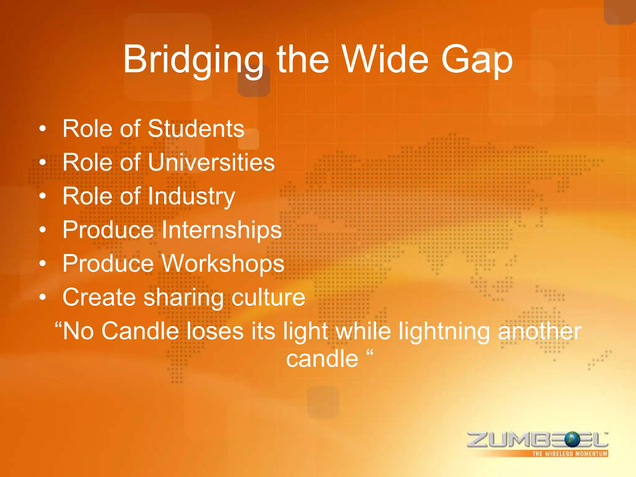 Bridging the Wide Gap Role of Students Role of Universities Role of Industry Produce Internships Produce Workshops Create sharing culture “ No Candle loses its light while lightning another candle “ 