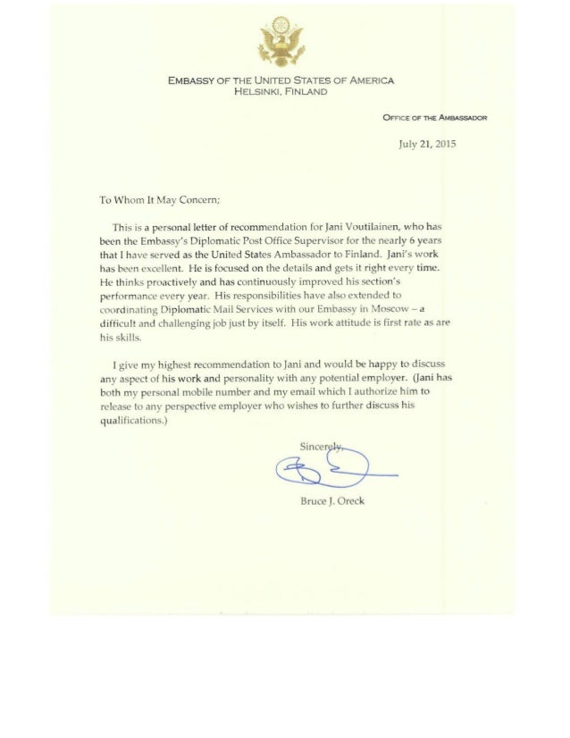 ambassador recommendation letter from