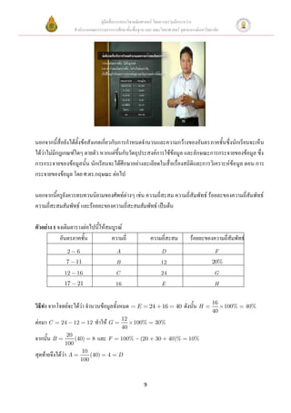 คู่มือสื่อการสอนวิชาคณิตศาสตร์ โดยความร่วมมือระหว่าง
                     สานักงานคณะกรรมการการศึกษาขั้นพื้นฐาน และ คณะวิทยาศาสตร์ จุฬาลงกรณ์มหาวิทยาลัย




นอกจากนี้สื่อยังได้ตั้งข้อสังเกตเกี่ยวกับการกาหนดจานวนและความกว้างของอันตรภาคชั้นซึ่งนักเรียนจะเห็น
ได้ว่าไม่มีกฎเกณฑ์ใดๆ ตายตัว หากแต่ขึ้นกับวัตถุประสงค์การใช้ข้อมูล และลักษณะการกระจายของข้อมูล ซึ่ง
การกระจายของข้อมูลนั้น นักเรียนจะได้ศึกษาอย่างละเอียดในสื่ อเรื่องสถิติและการวิเคราะห์ข้อ มูล ตอน การ
กระจายของข้อมูล โดย ศ.ดร.กฤษณะ ต่อไป

นอกจากนี้ครูยังควรทบทวนนิยามของศัพท์ต่างๆ เช่น ความถี่สะสม ความถี่สัมพัทธ์ ร้อยละของความถี่สัมพัทธ์
ความถี่สะสมสัมพัทธ์ และร้อยละของความถี่สะสมสัมพัทธ์ เป็นต้น

ตัวอย่าง 1 จงเติมตารางต่อไปนี้ให้สมบูรณ์
            อันตรภาคชั้น           ความถี่                    ความถี่สะสม          ร้อยละของความถี่สัมพัทธ์
                 2    6                    A                         D                           F
              7      11                    B                       12                          20%
             12       16                   C                        24                          G
             17       21                   16                        E                           H


                                                                                               16
วิธีทา จากโจทย์จะได้ว่า จานวนข้อมูลทั้งหมด            E       24     16     40   ดังนั้น H            100%    40%
                                                                                               40
                                               12
ต่อมา C     24       12    12   ทาให้ G              100%       30%
                                               40
                20
จากนั้น B          (40) 8 และ F                100%     (20     30        40)%     10%
               100
สุดท้ายจึงได้ว่า A 10 (40) 4                D
                     100



                                                          9
 