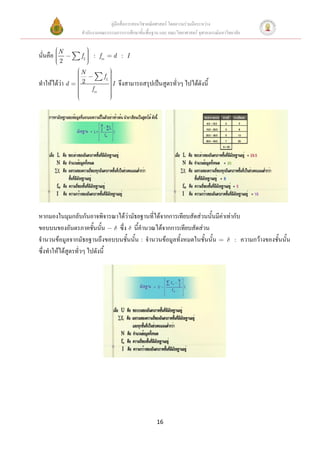 คู่มือสื่อการสอนวิชาคณิตศาสตร์ โดยความร่วมมือระหว่าง
                 สานักงานคณะกรรมการการศึกษาขั้นพื้นฐาน และ คณะวิทยาศาสตร์ จุฬาลงกรณ์มหาวิทยาลัย

          N
นั่นคือ          fL   : fm      d : I
          2
                N
                           fL
ทาให้ได้ว่า d   2               I   จึงสามารถสรุปเป็นสูตรทั่วๆ ไปได้ดังนี้
                      fm




หากมองในมุมกลับกันอาจพิจารณาได้ว่ามัธยฐานที่ได้จากการเทียบสัดส่วนนั้นมีค่าเท่ากับ
ขอบบนของอันตรภาคชั้นนั้น       ซึ่ง นี้คานวณได้จากการเทียบสัดส่วน
จานวนข้อมูลจากมัธยฐานถึงขอบบนชั้นนั้น : จานวนข้อมูลทั้งหมดในชั้นนั้น           : ความกว้างของชั้นนั้น
ซึ่งทาให้ได้สูตรทั่วๆ ไปดังนี้




                                                      16
 