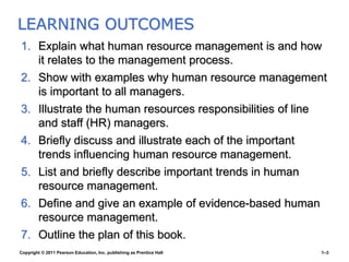 Copyright © 2011 Pearson Education, Inc. publishing as Prentice Hall 1–3
1. Explain what human resource management is and how
it relates to the management process.
2. Show with examples why human resource management
is important to all managers.
3. Illustrate the human resources responsibilities of line
and staff (HR) managers.
4. Briefly discuss and illustrate each of the important
trends influencing human resource management.
5. List and briefly describe important trends in human
resource management.
6. Define and give an example of evidence-based human
resource management.
7. Outline the plan of this book.
LEARNING OUTCOMES
 