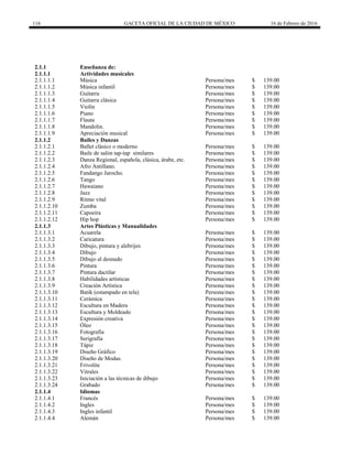 116 GACETA OFICIAL DE LA CIUDAD DE MÉXICO 16 de Febrero de 2016
2.1.1 Enseñanza de:
2.1.1.1 Actividades musicales
2.1.1.1.1 Música Persona/mes $ 139.00
2.1.1.1.2 Música infantil Persona/mes $ 139.00
2.1.1.1.3 Guitarra Persona/mes $ 139.00
2.1.1.1.4 Guitarra clásica Persona/mes $ 139.00
2.1.1.1.5 Violín Persona/mes $ 139.00
2.1.1.1.6 Piano Persona/mes $ 139.00
2.1.1.1.7 Flauta Persona/mes $ 139.00
2.1.1.1.8 Mandolin. Persona/mes $ 139.00
2.1.1.1.9 Apreciación musical Persona/mes $ 139.00
2.1.1.2 Bailes y Danzas
2.1.1.2.1 Ballet clásico o moderno Persona/mes $ 139.00
2.1.1.2.2 Baile de salón tap-tap similares Persona/mes $ 139.00
2.1.1.2.3 Danza Regional, española, clásica, árabe, etc. Persona/mes $ 139.00
2.1.1.2.4 Afro Antillano. Persona/mes $ 139.00
2.1.1.2.5 Fandango Jarocho. Persona/mes $ 139.00
2.1.1.2.6 Tango Persona/mes $ 139.00
2.1.1.2.7 Hawaiano Persona/mes $ 139.00
2.1.1.2.8 Jazz Persona/mes $ 139.00
2.1.1.2.9 Ritmo vital Persona/mes $ 139.00
2.1.1.2.10 Zumba Persona/mes $ 139.00
2.1.1.2.11 Capoeira Persona/mes $ 139.00
2.1.1.2.12 Hip hop Persona/mes $ 139.00
2.1.1.3 Artes Plásticas y Manualidades
2.1.1.3.1 Acuarela Persona/mes $ 139.00
2.1.1.3.2 Caricatura Persona/mes $ 139.00
2.1.1.3.3 Dibujo, pintura y alebrijes Persona/mes $ 139.00
2.1.1.3.4 Dibujo Persona/mes $ 139.00
2.1.1.3.5 Dibujo al desnudo Persona/mes $ 139.00
2.1.1.3.6 Pintura Persona/mes $ 139.00
2.1.1.3.7 Pintura dactilar Persona/mes $ 139.00
2.1.1.3.8 Habilidades artísticas Persona/mes $ 139.00
2.1.1.3.9 Creación Artística Persona/mes $ 139.00
2.1.1.3.10 Batik (estampado en tela) Persona/mes $ 139.00
2.1.1.3.11 Cerámica Persona/mes $ 139.00
2.1.1.3.12 Escultura en Madera Persona/mes $ 139.00
2.1.1.3.13 Escultura y Moldeado Persona/mes $ 139.00
2.1.1.3.14 Expresión creativa Persona/mes $ 139.00
2.1.1.3.15 Óleo Persona/mes $ 139.00
2.1.1.3.16 Fotografía Persona/mes $ 139.00
2.1.1.3.17 Serigrafía Persona/mes $ 139.00
2.1.1.3.18 Tápiz Persona/mes $ 139.00
2.1.1.3.19 Diseño Gráfico Persona/mes $ 139.00
2.1.1.3.20 Diseño de Modas. Persona/mes $ 139.00
2.1.1.3.21 Frivolite Persona/mes $ 139.00
2.1.1.3.22 Vitrales Persona/mes $ 139.00
2.1.1.3.23 Iniciación a las técnicas de dibujo Persona/mes $ 139.00
2.1.1.3.24 Grabado Persona/mes $ 139.00
2.1.1.4 Idiomas
2.1.1.4.1 Francés Persona/mes $ 139.00
2.1.1.4.2 Ingles Persona/mes $ 139.00
2.1.1.4.3 Ingles infantil Persona/mes $ 139.00
2.1.1.4.4 Alemán Persona/mes $ 139.00
 