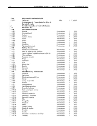 118 GACETA OFICIAL DE LA CIUDAD DE MÉXICO 16 de Febrero de 2016
1.2.3.2 Relacionadas con alimentación
1.2.3.2.1 Cafeterías Mes $ 2,769.00
2
Productos por la Prestación de Servicios de
Derecho Privado.
2.1 Servicios Prestados en Centros Culturales
2.1.1 Enseñanza de:
2.1.1.1 Actividades musicales
2.1.1.1.1 Música Persona/mes $ 139.00
2.1.1.1.2 Música infantil Persona/mes $ 139.00
2.1.1.1.3 Guitarra Persona/mes $ 139.00
2.1.1.1.4 Guitarra clásica Persona/mes $ 139.00
2.1.1.1.5 Violín Persona/mes $ 139.00
2.1.1.1.6 Piano Persona/mes $ 139.00
2.1.1.1.7 Flauta Persona/mes $ 139.00
2.1.1.1.8 Mandolin. Persona/mes $ 139.00
2.1.1.1.9 Apreciación musical Persona/mes $ 139.00
2.1.1.2 Bailes y Danzas
2.1.1.2.1 Ballet clásico o moderno Persona/mes $ 139.00
2.1.1.2.2 Baile de salón tap-tap similares Persona/mes $ 139.00
2.1.1.2.3 Danza Regional, española, clásica, árabe, etc. Persona/mes $ 139.00
2.1.1.2.4 Afro Antillano. Persona/mes $ 139.00
2.1.1.2.5 Fandango Jarocho. Persona/mes $ 139.00
2.1.1.2.6 Tango Persona/mes $ 139.00
2.1.1.2.7 Hawaiano Persona/mes $ 139.00
2.1.1.2.8 Jazz Persona/mes $ 139.00
2.1.1.2.9 Ritmo vital Persona/mes $ 139.00
2.1.1.2.10 Zumba Persona/mes $ 139.00
2.1.1.2.11 Capoeira Persona/mes $ 139.00
2.1.1.2.12 Hip hop Persona/mes $ 139.00
2.1.1.3 Artes Plásticas y Manualidades
2.1.1.3.1 Acuarela Persona/mes $ 139.00
2.1.1.3.2 Caricatura Persona/mes $ 139.00
2.1.1.3.3 Dibujo, pintura y alebrijes Persona/mes $ 139.00
2.1.1.3.4 Dibujo Persona/mes $ 139.00
2.1.1.3.5 Dibujo al desnudo Persona/mes $ 139.00
2.1.1.3.6 Pintura Persona/mes $ 139.00
2.1.1.3.7 Pintura dactilar Persona/mes $ 139.00
2.1.1.3.8 Habilidades artísticas Persona/mes $ 139.00
2.1.1.3.9 Creación Artística Persona/mes $ 139.00
2.1.1.3.10 Batik (estampado en tela) Persona/mes $ 139.00
2.1.1.3.11 Cerámica Persona/mes $ 139.00
2.1.1.3.12 Escultura en Madera Persona/mes $ 139.00
2.1.1.3.13 Escultura y Moldeado Persona/mes $ 139.00
2.1.1.3.14 Expresión creativa Persona/mes $ 139.00
2.1.1.3.15 Óleo Persona/mes $ 139.00
2.1.1.3.16 Fotografía Persona/mes $ 139.00
2.1.1.3.17 Serigrafía Persona/mes $ 139.00
2.1.1.3.18 Tápiz Persona/mes $ 139.00
2.1.1.3.19 Diseño Gráfico Persona/mes $ 139.00
2.1.1.3.20 Diseño de Modas. Persona/mes $ 139.00
2.1.1.3.21 Frivolite Persona/mes $ 139.00
2.1.1.3.22 Vitrales Persona/mes $ 139.00
2.1.1.3.23 Iniciación a las técnicas de dibujo Persona/mes $ 139.00
2.1.1.3.24 Grabado Persona/mes $ 139.00
 