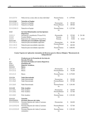 128 GACETA OFICIAL DE LA CIUDAD DE MÉXICO 16 de Febrero de 2016
2.3.1.2.3.7.3 Niños de tres a cinco años en clase individual Persona/Semes
tre
$ 1,979.00
2.3.1.2.3.8.1 Natación en Equipo
2.3.1.2.3.8.1.1 Natación en Equipo Persona/mes $ 205.00
2.3.1.2.3.8.1.2 Natación en Equipo Persona/Bimest
re
$ 409.00
2.3.1.2.3.8.1.3 Natación en Equipo Persona/Semes
tre
$ 1,227.00
2.3.2 Servicios Relacionados con Inscripciones
Deportivas.
2.3.2.1.1 Inscripción o membresía (*Causa IVA) Persona/año $ 225.00 $ 261.00
2.3.2.2 Examen Médico Persona $ 54.00
2.3.2.3
2.3.1.1.4.1
Reposición de credencial (*Causa IVA)
Natación para necesidades especiales
Persona $ 54.00 $ 62.64
2.3.1.1.4.1.1 Natación para necesidades especiales Persona/mes $ 301.00
2.3.1.1.4.1.2 Natación para necesidades especiales
Persona/Bimest
re
$ 602.00
2.3.1.1.4.1.3 Natación para necesidades especiales Persona/Semes
tre
$ 1,806.00
Cuotas Vigentes de Aplicación Automática de Recursos para la Alberca Olímpica "Bicentenario de
Independencia"
2
Productos por la Prestación de Servicios de
Derecho Privado.
2.3 Servicios Prestados en Centros Deportivos
2.3.1 Enseñanza de:
2.3.1.2 Deportes Acuáticos.
2.3.1.2.1 Buceo
2.3.1.2.1.1 Buceo Persona/mes $ 397.00
2.3.1.2.1.2 Buceo Persona/Bimest
re
$ 792.00
2.3.1.2.1.3 Buceo Persona/Semes
tre
$ 2,378.00
2.3.1.2.6 Nado Sincronizado
2.3.1.2.6.1 Nado Sincronizado Persona/mes $ 264.00
2.3.1.2.6.2 Nado Sincronizado Persona/Bimest
re
$ 527.00
2.3.1.2.6.3 Nado Sincronizado Persona/Semes
tre
$ 1,581.00
2.3.1.2.8 Polo Acuático
2.3.1.2.8.1 Polo Acuático Persona/mes $ 264.00
2.3.1.2.8.2 Polo Acuático Persona/Bimest
re
$ 527.00
2.3.1.2.8.3 Polo Acuático Persona/Semes
tre
$ 1,581.00
2.3.1.2.3 Natación
2.3.1.2.3.5.2.1 Personas Mayores de 6 años
2.3.1.2.3.5.2.11 Personas Mayores de 6 años (2 sesiones
semanales)
Persona/mes $ 264.00
2.3.1.2.3.5.2.12 Personas Mayores de 6 años (2 sesiones
semanales)
Persona/Bimest
re
$ 527.00
2.3.1.2.3.5.2.13 Personas Mayores de 6 años (2 sesiones
semanales)
Persona/Semes
tre
$ 1,581.00
 
