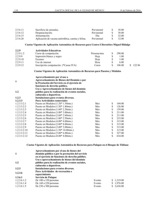 134 GACETA OFICIAL DE LA CIUDAD DE MÉXICO 16 de Febrero de 2016
2.5.6.11
2.5.6.12
Sacrificio de animales.
Desparacitación.
Por/animal
Por/animal
$
$
38.00
38.00
2.5.6.15 Alimentación. Día $ 32.00
2.5.6.26 Aplicación de vacuna antirrábica, canina y felina. Por/animal $ 12.00
Cuotas Vigentes de Aplicación Automática de Recursos para Centro Cibernético Miguel Hidalgo
2.2.9 Actividades Educativas
2.2.9.1.2 Curso de computación. Persona/mes $ 290.00
2.2.9.9 Impresión blanco y negro Hoja $ 1.00
2.2.9.10 Escaneo Hoja $ 1.00
2.2.9.11 Uso de internet Hora $ 6.00
2.2.9.12 Inscripción computación (*Causa IVA) Curso $ 106.00 $ 122.96
Cuotas Vigentes de Aplicación Automática de Recursos para Puestos y Módulos
1
Aprovechamiento por el uso o
Aprovechamiento de Bienes del Dominio o por
la Prestación del Servicio en el ejercicio de
funciones de derecho publico.
1.2
Uso o Aprovechamiento de bienes del dominio
público para la realización de eventos sociales,
culturales o deportivos.
1.2.3 Instalaciones para eventos diversos.
1.2.3.3 Para Actividades comerciales
1.2.3.3.2.1 Puesto en Modulos (1.20* 1.50mts.) Mes $ 104.00
1.2.3.3.2.2 Puesto en Modulos (1.50* 1.80mts.) Mes $ 126.00
1.2.3.3.2.3 Puesto en Modulos (1.60* 2.20mts.) Mes $ 159.00
1.2.3.3.2.4 Puesto en Modulos (3.00* 3.00mts.) Mes $ 211.00
1.2.3.3.2.5 Puesto en Modulos (2.60* 2.60mts.) Mes $ 211.00
1.2.3.3.2.6 Puesto en Modulos (1.80* 2.50mts.) Mes $ 233.00
1.2.3.3.2.7 Puesto en Modulos (4.00* 4.00mts.) Mes $ 315.00
1.2.3.3.2.8 Puesto en Modulos (2.00* 8.00mts.) Mes $ 315.00
1.2.3.3.2.9 Puesto en Modulos (3.00* 5.00mts.) Mes $ 315.00
1.2.3.3.2.10 Puesto en Modulos (1.50* 10.00mts.) Mes $ 315.00
1.2.3.3.2.11 Puesto en Modulos (5.00* 6.00mts.) Mes $ 527.00
1.2.3.3.2.12 Puesto en Modulos (8.00* 4.00mts.) Mes $ 634.00
Cuotas Vigentes de Aplicación Automática de Recursos para Palapas en el Bosque de Tláhuac
1
Aprovechamiento por el uso de bienes del
dominio público o por la prestación del servicio
en el ejercicio de funciones de derecho público.
1.2
Uso o aprovechamiento de bienes del dominio
público para la realización de eventos sociales,
culturales o deportivos.
1.2.3 Instalaciones para eventos diversos.
1.2.3.6
Para Actividades de recreación o
esparcimiento
1.3.6.1 Servicio de Palapas
1.2.3.6.1.2 De 100 a 150 personas Evento $ 1,319.00
1.2.3.6.1.4 De 160 a 220 personas Evento $ 1,976.00
1.2.3.6.1.5 De 230 a 300 personas Evento $ 2,636.00
 