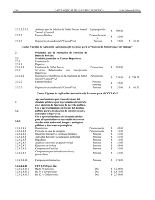 136 GACETA OFICIAL DE LA CIUDAD DE MÉXICO 16 de Febrero de 2016
2.3.2.1.2.1.2 Arbitraje para la Práctica de Fútbol Soccer Juvenil
Varonil y Femenil
Equipo/partido
$ 309.00
2.3.2.2 Examen Medico Persona/Semestr
e
$ 52.00
2.3.2.3 Reposición de credencial (*Causa IVA) Persona $ 52.00 $ 60.32
Cuotas Vigentes de Aplicación Automática de Recursos para la “Escuela de Fútbol Soccer de Tláhuac"
2 Productos por la Prestación de Servicios de
Derecho Privado.
2.3 Servicios prestados en Centros Deportivos.
2.3.1 Enseñanza de:
2.3.1.1 Deportes
2.3.1.1.1 Enseñanza de Fútbol Soccer Persona/mes $ 268.00
2.3.2 Servicios Relacionados con Inscripciones
Deportivas
2.3.2.1.2 Inscripción o membresía en la enseñanza de futbol
soccer (*Causa IVA)
Persona/año
$ 258.00 $ 299.28
2.3.2.2 Examen Médico Persona/
semestre
$ 52.00
2.3.2.3 Reposición de credencial (*Causa IVA) Persona $ 52.00 $ 60.32
Cuotas Vigentes de Aplicación Automática de Recursos para el CCYEAMI
1
Aprovechamiento por el uso de bienes del
dominio público o por la prestación del servicio
en el ejercicio de funciones de derecho público.
1.2
Uso o aprovechamiento de bienes del dominio
público para la realización de eventos sociales,
culturales o deportivos.
1.2.4
Uso o aprovechamiento del dominio público
para el esparcimiento o recreación de centros
de educación ambiental, bosques, zoológicos
públicos y área nuevas protegidas
1.2.4.2.4.1 Dormitorios Persona/noche $ 43.00
1.2.4.2.4.2 Pernocte en casa de campaña Persona/noche $ 10.00
1.2.4.2.4.3 Recorrido Interactivo c/enfoque temático Persona $ 31.00
1.2.4.2.4.4 Actividad Recreativa c/educación ambiental Persona $ 36.00
1.2.4.2.4.5 Regaderas Persona $ 10.00
1.2.4.2.4.6 Ascenso c/descenso en pared vertical Persona $ 31.00
1.2.4.2.4.7 Descenso en tirolesa Persona $ 43.00
1.2.4.2.4.8 Campamento Familiar Persona $ 31.00
1.2.4.2.4.9
Campamento p/actividades escolares y
preescolares
Persona $ 21.00
1.2.4.2.4.10 Campamento Interactivo Persona $ 174.00
1.2.4.2.4.11 CCYEAMI por día:
1.2.4.2.4.11.1 Hasta 70 personas Día $ 1,249.00
1.2.4.2.4.11.2 De 71 a 120 personas Día $ 1,872.00
1.2.4.2.4.11.3 De 121 a 200 personas Día $ 2,748.00
 