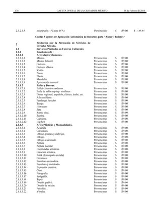138 GACETA OFICIAL DE LA CIUDAD DE MÉXICO 16 de Febrero de 2016
2.3.2.1.5 Inscripción (*Causa IVA) Persona/año $ 159.00 $ 184.44
Cuotas Vigentes de Aplicación Automática de Recursos para "Aulas y Talleres"
2
Productos por la Prestación de Servicios de
Derecho Privado.
2.1 Servicios Prestados en Centros Culturales
2.1.1 Enseñanza de :
2.1.1.1 Actividades Musicales.
2.1.1.1.1 Música. Persona/mes $ 139.00
2.1.1.1.2 Música Infantil. Persona/mes $ 139.00
2.1.1.1.3 Guitarra. Persona/mes $ 139.00
2.1.1.1.4 Guitarra clásica. Persona/mes $ 139.00
2.1.1.1.5 Violín. Persona/mes $ 139.00
2.1.1.1.6 Piano Persona/mes $ 139.00
2.1.1.1.7 Flauta. Persona/mes $ 139.00
2.1.1.1.8 Mandolin. Persona/mes $ 139.00
2.1.1.1.9 Apreciación musical Persona/mes $ 139.00
2.1.1.2 Bailes y Danzas.
2.1.1.2.1 Ballet clásico o moderno Persona/mes $ 139.00
2.1.1.2.2 Baile de salón tap-tap similares Persona/mes $ 139.00
2.1.1.2.3 Danza regional, española, clásica, árabe, etc. Persona/mes $ 139.00
2.1.1.2.4 Afro antillano. Persona/mes $ 139.00
2.1.1.2.5 Fandango Jarocho. Persona/mes $ 139.00
2.1.1.2.6 Tango. Persona/mes $ 139.00
2.1.1.2.7 Hawaiano Persona/mes $ 139.00
2.1.1.2.8 Jazz Persona/mes $ 139.00
2.1.1.2.9 Ritmo vital. Persona/mes $ 139.00
2.1.1.2.10 Zumba. Persona/mes $ 139.00
2.1.1.2.11 Capoeira. Persona/mes $ 139.00
2.1.1.2.12 Hip hop Persona/mes $ 139.00
2.1.1.3 Artes Plásticas y Manualidades.
2.1.1.3.1 Acuarela Persona/mes $ 139.00
2.1.1.3.2 Caricatura. Persona/mes $ 139.00
2.1.1.3.3 Dibujo, pintura y alebrijes. Persona/mes $ 139.00
2.1.1.3.4 Dibujo. Persona/mes $ 139.00
2.1.1.3.5 Dibujo al desnudo. Persona/mes $ 139.00
2.1.1.3.6 Pintura Persona/mes $ 139.00
2.1.1.3.7 Pintura dactilar Persona/mes $ 139.00
2.1.1.3.8 Habilidades artísticas Persona/mes $ 139.00
2.1.1.3.9 Creación artística. Persona/mes $ 139.00
2.1.1.3.10 Batik (Estampado en tela) Persona/mes $ 139.00
2.1.1.3.11 Cerámica. Persona/mes $ 139.00
2.1.1.3.12 Escultura en madera. Persona/mes $ 139.00
2.1.1.3.13 Escultura y moldeado. Persona/mes $ 139.00
2.1.1.3.14 Expresión creativa. Persona/mes $ 139.00
2.1.1.3.15 Óleo. Persona/mes $ 139.00
2.1.1.3.16 Fotografía. Persona/mes $ 139.00
2.1.1.3.17 Serigrafía. Persona/mes $ 139.00
2.1.1.3.18 Tapiz. Persona/mes $ 139.00
2.1.1.3.19 Diseño graficó. Persona/mes $ 139.00
2.1.1.3.20 Diseño de modas. Persona/mes $ 139.00
2.1.1.3.21 Frivolite. Persona/mes $ 139.00
2.1.1.3.22 Vitrales. Persona/mes $ 139.00
 