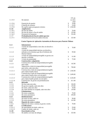 16 de Febrero de 2016 GACETA OFICIAL DE LA CIUDAD DE MÉXICO 75
1.1.15.5 De mármol.
15% de
su valor
total
1.1.15.6 Guarnición de granito $ 78.00
1.1.15.7 Cintarilla de cemento. $ 54.00
1.1.15.8 De capilla según presupuesto mínimo. $ 1,566.00
1.1.16 Ampliaciones
1.1.16.1 De fosa de adulto. $ 78.00
1.1.16.2 De fosa de menor a fosa de adulto $ 159.00
1.1.16.3 Perimetral de banquetas $ 236.00
1.1.17 Profundización de fosa de adulto (gaveta)
1.1.17.1 Profundización de fosa de adulto (Gaveta) $ 325.00
Cuotas Vigentes de Aplicación Automática de Recursos para Panteón Tláhuac
1.1.1 Inhumaciones
1.1.1.1
A título de temporalidad a siete años sin derecho a
refrendo.
$ 78.00
1.1.1.2
A título de temporalidad máxima con derecho a
refrendo en los términos que fije el Gobierno del
Distrito Federal.
$ 99.00
1.1.1.3
A titulo de temporalidad prorrogable en gaveta con
derecho a refrendo.
$ 61.00
1.1.1.4 A titulo de perpetuidad. $ 75.00
1.1.2 Construcción y adquisición
1.1.2.1
Construcción a título de temporalidad prorrogable
para cripta.
$ 142.00
1.1.2.2
Adquisición a título de temporalidad prorrogable
para nicho, cada siete años.
$ 790.00
1.1.2.1.1
Construcción a título de temporalidad prorrogable
para cripta (Capilla chica).
$ 1,566.00
1.1.2.1.2
Construcción a titulo de temporalidad prorrogable
para cripta (Capilla chica con elevador).
$ 1,698.00
1.1.2.1.3
Construcción a título de temporalidad prorrogable
para cripta (Capilla grande con elevador)
$ 3,256.00
1.1.2.1.4 Construcción de gaveta con profundización $ 811.00
1.1.3 Refrendo
1.1.3.1 De fosa cada siete años $ 104.00
1.1.3.2 De gaveta ocupada, cada siete años $ 159.00
1.1.3.3 De nicho, cada siete años $ 78.00
1.1.3.4 De cripta familiar no ocupada, cada siete años $ 159.00
1.1.4 Exhumaciones
1.1.4.1 De restos cumplidos $ 78.00
1.1.4.2 De restos prematuros $ 294.00
1.1.5 Reinhumaciones
1.1.5.1 De restos en fosa, cada vez $ 99.00
1.1.5.2 De restos prematuros. $ 163.00
1.1.6 Deposito de restos o cenizas
1.1.6.1 Deposito de restos o cenizas en gaveta o nicho. $ 78.00
1.1.8 Certificaciones
1.1.8.1.1 De antecedentes de titulo, cada vez. $ 59.00
1.1.8.1.2 Cambio de titular, cada vez $ 76.00
1.1.10 Encortinado en fosa
1.1.10.1 De adultos con muro de tabique. $ 325.00
 