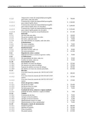16 de Febrero de 2016 GACETA OFICIAL DE LA CIUDAD DE MÉXICO 77
1.1.2.2
Adquisición a título de temporalidad prorrogable
para nicho, cada siete años.
$ 790.00
1.1.2.1.1
Construcción a título de temporalidad prorrogable
para cripta (Capilla chica).
$ 1,566.00
1.1.2.1.2
Construcción a titulo de temporalidad prorrogable
para cripta (Capilla chica con elevador).
$ 1,698.00
1.1.2.1.3
Construcción a título de temporalidad prorrogable
para cripta (Capilla grande con elevador)
$ 3,256.00
1.1.2.1.4 Construcción de gaveta con profundización $ 811.00
1.1.3 Refrendo
1.1.3.1 De fosa cada siete años $ 104.00
1.1.3.2 De gaveta ocupada, cada siete años $ 159.00
1.1.3.3 De nicho, cada siete años $ 78.00
1.1.3.4 De cripta familiar no ocupada, cada siete años $ 159.00
1.1.4 Exhumaciones
1.1.4.1 De restos cumplidos $ 78.00
1.1.4.2 De restos prematuros $ 294.00
1.1.5 Reinhumaciones
1.1.5.1 De restos en fosa, cada vez $ 99.00
1.1.5.2 De restos prematuros. $ 163.00
1.1.6 Deposito de restos o cenizas
1.1.6.1 Deposito de restos o cenizas en gaveta o nicho. $ 78.00
1.1.8 Certificaciones
1.1.8.1.1 De antecedentes de titulo, cada vez. $ 59.00
1.1.8.1.2 Cambio de titular, cada vez $ 76.00
1.1.10 Encortinado en fosa
1.1.10.1 De adultos con muro de tabique. $ 325.00
1.1.10.2 De menores con muro de tabique. $ 159.00
1.1.10.3 Especial de adultos con muro de tabique. $ 395.00
1.1.10.4 De adultos con muro de concreto precolado. $ 619.00
1.1.11 Bóvedas.
1.1.11.1
Con cinco losas de concreto de 1.00 X 0.44 X 0.05
metros
$ 488.00
1.1.11.2
Con cinco losas de concreto de 0.84 X 0.44 X 0.05
metros
$ 325.00
1.1.11.3
Con cinco losas de concreto de 0.60 X 0.30 X 0.05
metros
$ 159.00
1.1.12 Cierre de gavetas y nichos
1.1.12.1 De gaveta en cripta $ 236.00
1.1.12.2 De gaveta chica en cripta $ 159.00
1.1.12.3 De nicho para restos $ 78.00
1.1.13 Grabado de letras, números o signos (unidad)
1.1.13.1 Grabado de letras, números o signos (Unidad) $ 9.00
1.1.14 Taludes
1.1.14.1 Construcción de fosa. $ 78.00
1.1.14.2 Arreglo en fosa de adultos. $ 54.00
1.1.14.3 Arreglo en fosa de menores $ 32.00
1.1.14.4 Mantenimiento menor en cripta $ 115.00
1.1.14.5 Mantenimiento en fosa a perpetuidad $ 76.00
1.1.15 Desmonte y monte de monumentos
1.1.15.1 Grande de granito. $ 488.00
1.1.15.2 Mediano de granito. $ 325.00
1.1.15.3 Chico de granito. $ 159.00
1.1.15.4 De piedra natural. $ 619.00
 