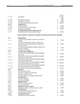 78 GACETA OFICIAL DE LA CIUDAD DE MÉXICO 16 de Febrero de 2016
1.1.15.5 De mármol.
15% de
su valor
total
1.1.15.6 Guarnición de granito $ 78.00
1.1.15.7 Cintarilla de cemento. $ 54.00
1.1.15.8 De capilla según presupuesto mínimo. $ 1,566.00
1.1.16 Ampliaciones
1.1.16.1 De fosa de adulto. $ 78.00
1.1.16.2 De fosa de menor a fosa de adulto $ 159.00
1.1.16.3 Perimetral de banquetas $ 236.00
1.1.17 Profundización de fosa de adulto (gaveta)
1.1.17.1 Profundización de fosa de adulto (Gaveta) $ 325.00
Cuotas Vigentes de Aplicación Automática de Recursos para Panteón Zapotitlán
1.1.1 Inhumaciones
1.1.1.1
A título de temporalidad a siete años sin derecho a
refrendo.
$ 78.00
1.1.1.2
A título de temporalidad máxima con derecho a
refrendo en los términos que fije el Gobierno del
Distrito Federal.
$ 99.00
1.1.1.3
A titulo de temporalidad prorrogable en gaveta con
derecho a refrendo.
$ 61.00
1.1.1.4 A titulo de perpetuidad. $ 75.00
1.1.2 Construcción y adquisición
1.1.2.1
Construcción a título de temporalidad prorrogable
para cripta.
$ 142.00
1.1.2.2
Adquisición a título de temporalidad prorrogable
para nicho, cada siete años.
$ 790.00
1.1.2.1.1
Construcción a título de temporalidad prorrogable
para cripta (Capilla chica).
$ 1,566.00
1.1.2.1.2
Construcción a titulo de temporalidad prorrogable
para cripta (Capilla chica con elevador).
$ 1,698.00
1.1.2.1.3
Construcción a título de temporalidad prorrogable
para cripta (Capilla grande con elevador)
$ 3,256.00
1.1.2.1.4 Construcción de gaveta con profundización $ 811.00
1.1.3 Refrendo
1.1.3.1 De fosa cada siete años $ 104.00
1.1.3.2 De gaveta ocupada, cada siete años $ 159.00
1.1.3.3 De nicho, cada siete años $ 78.00
1.1.3.4 De cripta familiar no ocupada, cada siete años $ 159.00
1.1.4 Exhumaciones
1.1.4.1 De restos cumplidos $ 78.00
1.1.4.2 De restos prematuros $ 294.00
1.1.5 Reinhumaciones
1.1.5.1 De restos en fosa, cada vez $ 99.00
1.1.5.2 De restos prematuros. $ 163.00
1.1.6 Deposito de restos o cenizas
1.1.6.1 Deposito de restos o cenizas en gaveta o nicho. $ 78.00
1.1.8 Certificaciones
1.1.8.1.1 De antecedentes de titulo, cada vez. $ 59.00
1.1.8.1.2 Cambio de titular, cada vez $ 76.00
1.1.10 Encortinado en fosa
1.1.10.1 De adultos con muro de tabique. $ 325.00
 