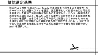 雑誌選定基準
•
渋谷のスマホ世代 (Hot Pepper Beauty で美容室を予約するような女性 ) を
ターゲットとし雑誌ベスト 5 を選定。選定基準としては基本的には同世代
を対象にした雑誌で発行部数が多いものを選定した。もう少し説明すると
赤文字系王道の Vivi と、幅広いスタイル層から支持されていると推測され
る Sweet を選択。さらにそこの上下の世代の雑誌として MORE と non-no
を選択 ( 同世代を対象にした雑誌で最も発行部数が多いため ) 。加えて渋
谷という土地柄を考慮しネオギャル系の雑誌の中で最も発行部数の多い
JELLY を選択した。
 