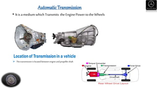 Automatic Transmission
• It is a medium which Transmits the Engine Power to the Wheels
 Thetransmission is located between engineand propeller shaft
 