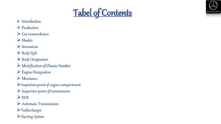 Tabel of Contents
 Introduction
 Production
 Car nomenclature
 Models
 Innovation
 Body Style
 Body Designation
 Identification of Chassis Number
 Engine Designation
 Maintance
Inspection point of engine compartment
 Inspection point of transmission
 EGR
 Automatic Transmission
Turbocharger
Sterring System
 