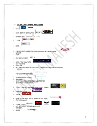 7
 HANDLEING BUYERS AND LABLE’S
 GAP
 NEXT (DERECT ORDER/FOB)
 LONDON FOG
 TESSA
 NIKE
 C & A(DERECT ORDER/FOB, there plus, your sixth sense,canda)
 B/A,BHS
 EWM
 MAY DEPARTMENT
 LONG TOLL SALLY(LTS)
 BAY TRADING
 PEACOCK
 HCT AND TRU FASHION(C&A/CHICC/THEA42PLUS/LANDHAUS/SURPRISE/
LEARA)
 TOP SHOP(ATMOSPHERE)
 PRIMARK(love to lounge)
 MARSLAND
 COMTEX(AVENUE/STREBOSKI/ALC STRETCH)
 @ SOURSE(TARGET STORS)
 VARNY CARRON(TRENDEX BUYING OFFICE,SHIRT)
 CHARLS VOGLE(C.V.)
 ZOLLA
 QUIK SILVER SHIRT BUYER (American shirt buyer)
 MATLAN(papaya)
 ERIMA(T-Shirt)
 ACT BUYING OFFICE (gallery,dunnes)
 EMERSON
 GORGE
 