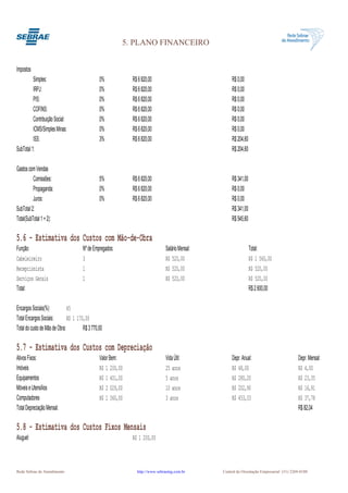 5. PLANO FINANCEIRO


Impostos
          Simples:                              0%            R$ 6 820,00                             R$ 0,00
          IRPJ:                                 0%            R$ 6 820,00                             R$ 0,00
          PIS:                                  0%            R$ 6 820,00                             R$ 0,00
          COFINS:                               0%            R$ 6 820,00                             R$ 0,00
          Contribuição Social:                  0%            R$ 6 820,00                             R$ 0,00
          ICMS/Simples Minas:                   0%            R$ 6 820,00                             R$ 0,00
          ISS:                                  3%            R$ 6 820,00                             R$ 204,60
SubTotal 1:                                                                                           R$ 204,60

Gastos com Vendas
          Comissões:                            5%            R$ 6 820,00                             R$ 341,00
          Propaganda:                           0%            R$ 6 820,00                             R$ 0,00
          Juros:                                0%            R$ 6 820,00                             R$ 0,00
SubTotal 2:                                                                                           R$ 341,00
Total(SubTotal 1 + 2):                                                                                R$ 545,60

5.6 - Estimativa dos Custos com Mão-de-Obra
Função:                               Nº de Empregados:                        Salário Mensal:                    Total:
Cabeleireiro                          3                                        R$ 520,00                          R$ 1 560,00
Recepcionista                         1                                        R$ 520,00                          R$ 520,00
Serviços Gerais                       1                                        R$ 520,00                          R$ 520,00
Total:                                                                                                            R$ 2 600,00

Encargos Sociais(%)            45
Total Encargos Sociais:        R$ 1 170,00
Total do custo de Mão de Obra:         R$ 3 770,00

5.7 - Estimativa dos Custos com Depreciação
Ativos Fixos:                                   Valor Bem:                     Vida Útil:             Depr. Anual:                         Depr. Mensal:
Imóveis                                         R$ 1 200,00                    25 anos                R$ 48,00                             R$ 4,00
Equipamentos                                    R$ 1 401,00                    5 anos                 R$ 280,20                            R$ 23,35
Móveis e Utensílios                             R$ 2 029,00                    10 anos                R$ 202,90                            R$ 16,91
Computadores                                    R$ 1 360,00                    3 anos                 R$ 453,33                            R$ 37,78
Total Depreciação Mensal:                                                                                                                  R$ 82,04

5.8 - Estimativa dos Custos Fixos Mensais
Aluguel:                                                      R$ 1 200,00



Rede Sebrae de Atendimento                                      http://www.sebraemg.com.br       Central de Orientação Empresarial (31) 3269-0180
 