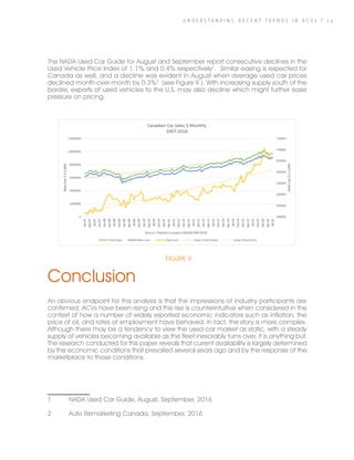U N D E R S T A N D I N G R E C E N T T R E N D S I N A C V s | 1 3
The NADA Used Car Guide for August and September report consecutive declines in the
Used Vehicle Price Index of 1.1% and 0.4% respectively1
. Similar easing is expected for
Canada as well, and a decline was evident in August when average used car prices
declined month-over-month by 0.3%2
(see Figure 9.). With increasing supply south of the
border, exports of used vehicles to the U.S. may also decline which might further ease
pressure on pricing.
Conclusion
An obvious endpoint for this analysis is that the impressions of industry participants are
confirmed; ACVs have been rising and this rise is counterintuitive when considered in the
context of how a number of widely reported economic indicators such as inflation, the
price of oil, and rates of employment have behaved. In fact, the story is more complex.
Although there may be a tendency to view the used car market as static, with a steady
supply of vehicles becoming available as the fleet inexorably turns over, it is anything but.
The research conducted for this paper reveals that current availability is largely determined
by the economic conditions that prevailed several years ago and by the response of the
marketplace to those conditions.
1	 NADA Used Car Guide, August, September, 2016
2	 Auto Remarketing Canada, September, 2016
FIGURE 9
 