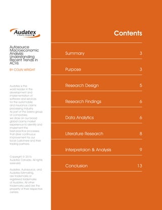 Contents
Summary	3
Purpose	3
Research Design	 5
Research Findings	 6
Data Analytics	 6
Literature Research	 8
Interpretaion & Analysis	 9
Conclusion	13
BY COLIN WRIGHT
Audatex is the
world leader in the
development and
implementation of
software and services
for the automobile
and insurance claims
processing industry.
As part of the Solera group
of companies,
we draw on our broad
global claims market
experience to identify and
implement the
best-practice processes
that drive continuous
improvement for our
local customers and their
trading partners.
Autosource
Macroeconomic
Analysis:
Understanding
Recent Trends in
ACVs
Copyright © 2016
Audatex Canada. All rights
reserved.
Audatex, Autosource, and
Audatex Estimating,
are trademarks or
registered trademarks
of Audatex. All other
trademarks used are the
property of their respective
owners.
 