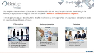 Uma empresa de Consultoria e Capacitação profissional focada em soluções para desafios de tecnologia da
informação e processos de negócio com um único fim – melhorar o desempenho das empresas.
Formada por uma equipe de consultores de alto desempenho, com experiencia em projetos de alta complexidade,
em organizações públicas e privadas.
• Gestão de Processos
• Desempenho Empresarial
• Estratégia
Business Consulting
• Certificações ITIL e COBIT
• Cursos in Company
• Ensino a Distância
TrainningIT Consulting
• Governança de TI
• Gestão de Serviços de TI
• Engenharia de Software
• Consultoria ITIL e Cobit
 