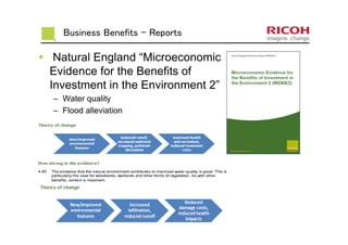 Business Benefits - Reports
Natural England “Microeconomic
Evidence for the Benefits of
Investment in the Environment 2”
– Water quality
– Flood alleviation
 