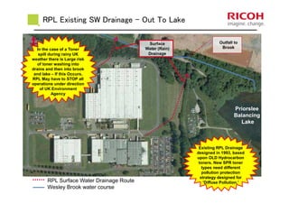 RPL Existing SW Drainage - Out To Lake
RPL Surface Water Drainage Route
Wesley Brook water course
Priorslee
Balancing
Lake
Outfall to
BrookIn the case of a Toner
spill during rainy UK
weather there is Large risk
of toner washing into
drains and then into brook
and lake – If this Occurs,
RPL May have to STOP all
operations under direction
of UK Environment
Agency
Surface
Water (Rain)
Drainage
Existing RPL Drainage
designed in 1993, based
upon OLD Hydrocarbon
toners. New SPR toner
types need different
pollution protection
strategy designed for
‘Diffuse Pollution.’
 