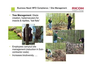 Business Need: WFD Compliance / Site ManagementBusiness Need: WFD Compliance / Site ManagementBusiness Need: WFD Compliance / Site ManagementBusiness Need: WFD Compliance / Site Management
Tree Management: Glade
creation, hybernaculars for
insects & reptiles, “bat flats”
Employees carryout site
management (reduction in Sub-
contractor costs)
Increases biodiversity ….
 