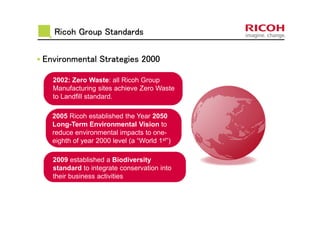 Ricoh Group StandardsRicoh Group StandardsRicoh Group StandardsRicoh Group Standards
Environmental Strategies 2000Environmental Strategies 2000Environmental Strategies 2000Environmental Strategies 2000
2005 Ricoh established the Year 2050
Long-Term Environmental Vision to
reduce environmental impacts to one-
eighth of year 2000 level (a “World 1st”)
2002: Zero Waste: all Ricoh Group
Manufacturing sites achieve Zero Waste
to Landfill standard.
2009 established a Biodiversity
standard to integrate conservation into
their business activities
 