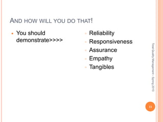 AND HOW WILL YOU DO THAT!
TotalQualityManagement-Spring2010
11
 You should
demonstrate>>>>
◦ Reliability
◦ Responsiveness
◦ Assurance
◦ Empathy
◦ Tangibles
 