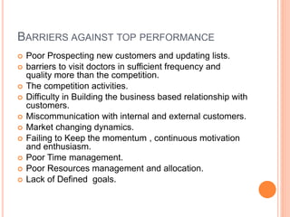 BARRIERS AGAINST TOP PERFORMANCE
 Poor Prospecting new customers and updating lists.
 barriers to visit doctors in sufficient frequency and
quality more than the competition.
 The competition activities.
 Difficulty in Building the business based relationship with
customers.
 Miscommunication with internal and external customers.
 Market changing dynamics.
 Failing to Keep the momentum , continuous motivation
and enthusiasm.
 Poor Time management.
 Poor Resources management and allocation.
 Lack of Defined goals.
 