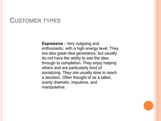 CUSTOMER TYPES
Expressive - Very outgoing and
enthusiastic, with a high energy level. They
are also great idea generators, but usually
do not have the ability to see the idea
through to completion. They enjoy helping
others and are particularly fond of
socializing. They are usually slow to reach
a decision. Often thought of as a talker,
overly dramatic, impulsive, and
manipulative.
 