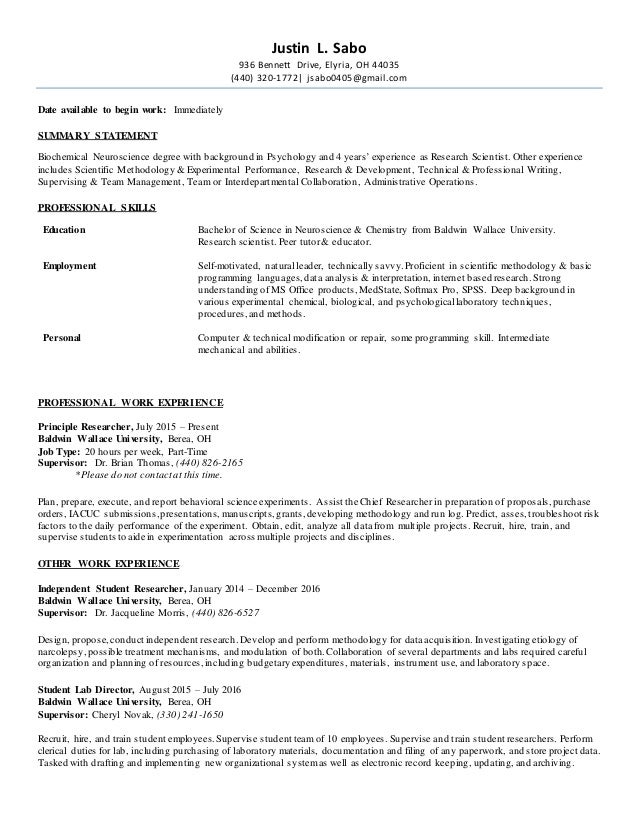 justin l sabo 936 bennett drive elyria oh 44035 440 320 education bachelor of science - Resume For Behavioral Science justin l sabo 936 bennett drive elyria oh 44035 440 320 education bachelor of science - Resume For Behavioral Science