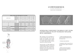 Overbust
Underbust
Hip
Utilises 3D sculpted memory nylon
polymers designed to follow the curves
of a woman’s torso
Eliminates metal underwires
Incorporates a fully 3D luxury bra cup
providing comfort, support, and shape to
the bust
Offers an extensive size range of
fittings and bra design profiles from
plunge to full coverage
With Curvessence 3D Bra technology, an
all new and superior type of bra cup is now
possible. This innovative 3D Bra utilises
memory nylon polymers sculpted to conform
to a woman’s body, and places enormous
importance on comfort, ﬁt and style.
Using the latest in 3D body modeling and
composite polymer advances, Curvessence has
created the perfect underwire replacement.
Engineered to work with a woman’s curves
the 3D Bra is light, supportive, feminine and
unbelievably comfortable.
INTRODUCING ‘CURVESSENCE’ THE WORLD’S FIRST 3D BRA
CUP WITH STATE-OF-THE-ART TECHNOLOGY REPLACING
METAL UNDERWIRES.
3 D B R A T E C H N O L O G Y
REPLACING UNDERWIRES
TM
 