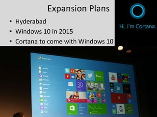Expansion Plans
• Hyderabad
• Windows 10 in 2015
• Cortana to come with Windows 10
 
