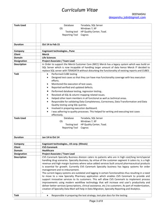 Curriculum Vitae
DEEPANSHU
deepanshu.jobid@gmail.com
Tools Used Database Teradata, SQL Server
OS Windows 7, XP
Testing tool
Reporting Tool
HP Quality Center, Toad.
Cognos
Duration Oct 14 to Feb 15
Company Cognizant technologies., Pune
Client Merck
Domain Life Sciences
Designation Project Associate / Team Lead
Description In Order to support the Merck Customer Care (MCC) Merck has a legacy system which was build on
SQL Server which is now incapable of handling larger amount of data hence Merck IT decided to
replace SQL server with TERADATA without disturbing the functionality of existing reports and CUBES
Task • Performed CUBE testing
• Designed test cases so that they can have max functionality coverage with less execution
efforts.
• Monitored the execution of test cases.
• Reported verified and updated defects.
• Performed database testing, regression testing.
• Resolved all SQL & column mapping related issues.
• Helped other team members in all functional as well as technical areas.
• Responsible for validating Data Completeness, Correctness, Data Transformation and Data
Quality testing using SQL queries.
• Involved in preparing execution dashboard.
• I was adhering to quality processes. This helped for writing and executing test cases
effectively.
Tools Used Database Teradata, SQL Server
OS Windows 7, XP
Testing tool
Reporting Tool
HP Quality Center, Toad.
Cognos
Duration Jan 14 to Oct 14
Company Cognizant technologies., US corp. (Illinois)
Client CVS Caremark
Domain Healthcare
Designation Project Associate / Team Lead
Description CVS Caremark Specialty Business division caters to patients who are in high cost/long term/special
handling drug scenarios. Specialty Business, by virtue of the customer segment it caters to, is a high
revenue and high margin business where value added services built around pharmaceutical products
is essential for growth. Currently CVS Caremark Specialty business has legacy systems for order
management and re-imbursement.
The current legacy systems are outdated and lagging in certain functionalities thus resulting in a need
to move to a new Specialty Pharmacy application which enables CVS Caremark to provide and
support innovative services to its customers. This will allow CVS Caremark to implement process
improvements using modern workflow technology that will increase end user’s productivity and
deliver better services (prescriptions, clinical assistance, etc.) to customers. As part of modernization,
creation of Specialty Data Mart will help in Data Migration, Specialty Reporting and Analytics.
.
Task • Responsible in preparing the test strategy, test plan docs for the testing.
Page 3 of 8
 