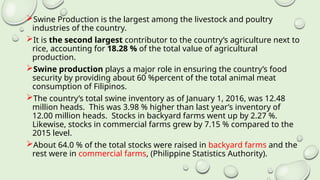Swine Production is the largest among the livestock and poultry
industries of the country.
It is the second largest contributor to the country’s agriculture next to
rice, accounting for 18.28 % of the total value of agricultural
production.
Swine production plays a major role in ensuring the country’s food
security by providing about 60 %percent of the total animal meat
consumption of Filipinos.
The country’s total swine inventory as of January 1, 2016, was 12.48
million heads. This was 3.98 % higher than last year’s inventory of
12.00 million heads. Stocks in backyard farms went up by 2.27 %.
Likewise, stocks in commercial farms grew by 7.15 % compared to the
2015 level.
About 64.0 % of the total stocks were raised in backyard farms and the
rest were in commercial farms, (Philippine Statistics Authority).
 