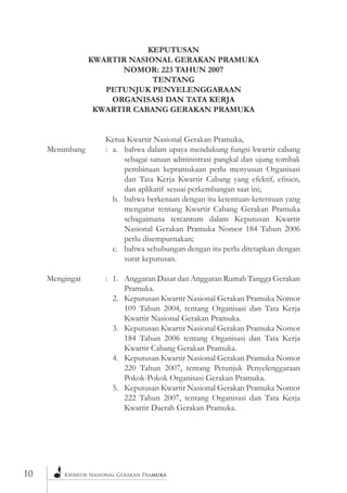 Kwartir Nasional Gerakan Pramuka 
1 
0 
KEPUTUSAN 
KWARTIR NASIONAL GERAKAN PRAMUKA 
NOMOR: 223 TAHUN 2007 
TENTANG 
PETUNJUK PENYELENGGARAAN 
ORGANISASI DAN TATA KERJA 
KWARTIR CABANG GERAKAN PRAMUKA 
Ketua Kwartir Nasional Gerakan Pramuka, 
Menimbang : a. bahwa dalam upaya mendukung fungsi kwartir cabang sebagai satuan administrasi pangkal dan ujung tombak pembinaan kepramukaan perlu menyusun Organisasi dan Tata Kerja Kwartir Cabang yang efektif, efisien, dan aplikatif sesuai perkembangan saat ini; 
b. bahwa berkenaan dengan itu ketentuan-ketentuan yang mengatur tentang Kwartir Cabang Gerakan Pramuka sebagaimana tercantum dalam Keputusan Kwartir Nasional Gerakan Pramuka Nomor 184 Tahun 2006 perlu disempurnakan; 
c. bahwa sehubungan dengan itu perlu ditetapkan dengan surat keputusan. 
Mengingat : 1. Anggaran Dasar dan Anggaran Rumah Tangga Gerakan Pramuka. 
2. Keputusan Kwartir Nasional Gerakan Pramuka Nomor 109 Tahun 2004, tentang Organisasi dan Tata Kerja Kwartir Nasional Gerakan Pramuka. 
3. Keputusan Kwartir Nasional Gerakan Pramuka Nomor 184 Tahun 2006 tentang Organisasi dan Tata Kerja Kwartir Cabang Gerakan Pramuka. 
4. Keputusan Kwartir Nasional Gerakan Pramuka Nomor 220 Tahun 2007, tentang Petunjuk Penyelenggaraan Pokok-Pokok Organisasi Gerakan Pramuka. 
5. Keputusan Kwartir Nasional Gerakan Pramuka Nomor 222 Tahun 2007, tentang Organisasi dan Tata Kerja Kwartir Daerah Gerakan Pramuka. 
 