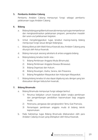 Kwartir Nasional Gerakan Pramuka 
19 
5. Pembantu Andalan Cabang 
Pembantu Andalan Cabang mempunyai fungsi sebagai pembantu pelaksanaan tugas Andalan Cabang. 
6. Bidang 
a. Bidang-bidang yang dibentuk kwarcab mempunyai tugas memperlancar dan mengkoordinasikan pelaksanaan program, pemecahan masalah dan saran-usul pelaksanaan kegiatan. 
b. Untuk menyelenggarakan tugas tersebut masing-masing bidang mempunyai fungsi sesuai dengan bidangnya. 
c. Bidang diketuai oleh Wakil Ketua Kwarcab atau Andalan Cabang yang ditunjuk oleh Ketua Kwarcab. 
d. Bidang menunjuk seorang sekretaris di antara anggota bidang. 
e. Bidang-bidang tersebut terdiri atas : 
1) Bidang Pembinaan Anggota Muda (Binamuda). 
2) Bidang Pembinaan Anggota Dewasa (Binawasa). 
3) Bidang Organisasi dan Hukum. 
4) Bidang Keuangan, Usaha, Sarana, dan Prasarana. 
5) Bidang Pengabdian Masyarakat dan Hubungan Masyarakat. 
f. Bidang-bidang tersebut di atas dapat digabung satu dengan yang lain disesuaikan dengan kebutuhan kwarcab. 
7. Bidang Binamuda 
a. Bidang Binamuda mempunyai fungsi sebagai berikut: 
1) Perumus kebijakan umum kwarcab dalam rangka pembinaan dan pengembangan pendidikan kepramukaan bagi anggota muda. 
2) Perencana, pengawas dan pengkoordinir Temu Giat Pramuka. 
3) Pemantapan pembinaan anggota muda di bidang teknik kepramukaan. 
b. Pada hakikatnya tugas Bidang Binamuda dilaksanakan oleh para Andalan Cabang Urusan yang ditetapkan oleh Ketua Kwarcab.  