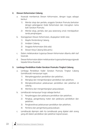 22Kwartir Nasional Gerakan Pramuka 2. Dewan Kehormatan Cabang 
a. Kwarcab membentuk Dewan Kehormatan, dengan tugas sebagai berikut: 
1) Menilai sikap dan perilaku anggota Gerakan Pramuka berkaitan dengan pelanggaran Kode Kehormatan dan merugikan nama baik Gerakan Pramuka. 
2) Menilai sikap, perilaku dan jasa seseorang untuk mendapatkan tanda penghargaan. 
b. Keanggotaan Dewan Kehormatan, diupayakan terdiri atas: 
1) Majelis Pembimbing Cabang. 
2) Andalan Cabang. 
3) Anggota Kehormatan (bila ada). 
4) Dewan Kerja Cabang (bila perlu). 
c. Dalam melaksanakan tugasnya Dewan Kehormatan dibantu oleh staf kwarcab. 
d. Dewan Kehormatan dalam melaksanakan tugasnya bertanggungjawab kepada Ketua Kwarcab. 
3. Lembaga Pendidikan Kader Gerakan Pramuka Tingkat Cabang 
a. Lembaga Pendidikan Kader Gerakan Pramuka Tingkat Cabang (Lemdikacab) mempunyai tugas: 
1) Menyelenggarakan pendidikan dan pelatihan; 
2) Mengkaji dan mengembangkan pendidikan dan pelatihan; 
3) Mengkoordinasikan pelaksanaan pendidikan dan pelatihan di cabang. 
4) Membina dan mengembangkan perpustakaan. 
b. Lemdikacab mempunyai fungsi sebagai berikut: 
1) Penyelenggara dan pelaksana pendidikan dan pelatihan; 
2) Pengkaji, pengembang materi dan pelaksana pendidikan dan pelatihan; 
3) Pengkoordinasi pelaksanaan pendidikan dan pelatihan; 
4) Pembina dan pengembang perpustakaan. 
c. Lemdikacab dipimpin oleh Ka Lemdikacab yang dijabat oleh orang yang ahli dalam pendidikan dan pelatihan kepramukaan.  