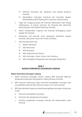 Kwartir Nasional Gerakan Pramuka25 
4) Memberi dukungan dan pelayanan staf kepada pengurus kwarcab; 
5) Mengadakan hubungan koordinasi dan konsultasi dengan Bidang-Bidang dalam bidang dan urusannya masing-masing. 
c. Tugas dan tanggung jawab staf kwarcab dilaksanakan oleh tenaga staf/karyawan, di bawah pimpinan Ses �Kwarcab dan sehari-hari dikoordinasikan oleh Kepala Sekretariat Kwarcab. 
d. Dalam melaksanakan tugasnya staf kwarcab bertanggung jawab kepada Ses Kwarcab. 
e. Pengaturan staf kwarcab untuk selanjutnya diserahkan kepada kwarcab, disesuaikan situasi dan kondisi setempat. 
f. Staf Kwarcab terdiri atas: 
1) Kepala Sekretariat 
2) Seksi Binamuda. 
3) Seksi Binawasa. 
4) Seksi Organisasi dan Hukum. 
5) Seksi Keuangan, Usaha, Sarana, dan Prasarana. 
6) Seksi Pengabdian Masyarakat dan Hubungan Masyarakat. 
BAB V 
BADAN PEMERIKSA KEUANGAN CABANG 
Badan Pemeriksa Keuangan Cabang 
1. Badan Pemeriksa Keuangan Kwartir Cabang (BPK Kwarcab) dibentuk berdasarkan keputusan Musyawarah Cabang Gerakan Pramuka. 
2. BPK Kwarcab mempunyai tugas memeriksa pengelolaan keuangan baik yang dikelola langsung oleh kwarcab maupun unit usaha kwarcab. 
3. BPK Kwarcab dalam tugasnya memeriksa pengelolaan keuangan mempunyai fungsi: 
a. Pemantau pengelolaan keuangan; 
b. Pemeriksa dan pengevaluasi keuangan; 
c. Pembina pengelolaan keuangan kwarcab dan badan-badan usaha kwarcab.  