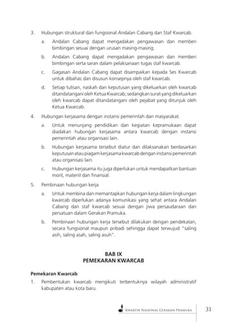 Kwartir Nasional Gerakan Pramuka31 
3. Hubungan struktural dan fungsional Andalan Cabang dan Staf Kwarcab. 
a. Andalan Cabang dapat mengadakan pengawasan dan memberi bimbingan sesuai dengan urusan masing-masing. 
b. Andalan Cabang dapat mengadakan pengawasan dan memberi bimbingan serta saran dalam pelaksanaan tugas staf kwarcab. 
c. Gagasan Andalan Cabang dapat disampaikan kepada Ses Kwarcab untuk dibahas dan disusun konsepnya oleh staf kwarcab. 
d. Setiap tulisan, naskah dan keputusan yang dikeluarkan oleh kwarcab ditandatangani oleh Ketua Kwarcab; sedangkan surat yang dikeluarkan oleh kwarcab dapat ditandatangani oleh pejabat yang ditunjuk oleh Ketua Kwarcab. 
4. Hubungan kerjasama dengan instansi pemerintah dan masyarakat. 
a. Untuk menunjang pendidikan dan kegiatan kepramukaan dapat diadakan hubungan kerjasama antara kwarcab dengan instansi pemerintah atau organisasi lain. 
b. Hubungan kerjasama tersebut diatur dan dilaksanakan berdasarkan keputusan atau piagam kerjasama kwarcab dengan instansi pemerintah atau organisasi lain. 
c. Hubungan kerjasama itu juga diperlukan untuk mendapatkan bantuan moril, materiil dan finansial. 
5. Pembinaan hubungan kerja 
a. Untuk membina dan memantapkan hubungan kerja dalam lingkungan kwarcab diperlukan adanya komunikasi yang sehat antara Andalan Cabang dan staf kwarcab sesuai dengan jiwa persaudaraan dan persatuan dalam Gerakan Pramuka. 
b. Pembinaan hubungan kerja tersebut dilakukan dengan pendekatan, secara fungsional maupun pribadi sehingga dapat terwujud “saling asih, saling asah, saling asuh”. 
BAB IX 
PEMEKARAN KWARCAB 
Pemekaran Kwarcab 
1. Pembentukan kwarcab mengikuti terbentuknya wilayah administratif kabupaten atau kota baru.  