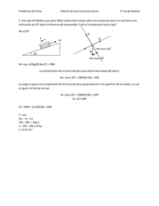 Problemas de Física                 Alberto de Jesús Carranza García                     2° Ley de Newton


5. Una caja de Madera que pesa 10Kg resbala hacia abajo sobre una rampa de acero, la cual tiene una
inclinación de 20° bajo la influencia de la gravedad. Cuál es la aceleración de la caja?

MK=0.30
                                                            N
                   a                                                  Fk
                                  Fk

                                                                    Wy=wcos 20°
                                                              w
             20°
                                                              Wx=wsen 20°

W= mg =(10Kg)(9.8m/s2) = 98N

                   La componente de la fuerza de peso que actúa hacia abajo del plano:

                                    Wx= Wsen 20° = (98N)(0.34) = 33N

La carga es igual a la componente de la fuerza del peso perpendicular a la superficie de la rampa, lo cual
es igual a la fuerza normal.

                                    N= Wcos 20° = (98N)(0.94) = 92N
                                             N= 127.30N

Fk = MkN = (0.3)(92N) = 28N

F = ma
Wx – Fk = ma
33N - 28N = 10kg a
a = 33N – 28N / 10 Kg
a = 0.50 m/s2
 