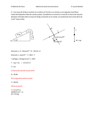 Problemas de Física                     Alberto de Jesús Carranza García                2° Ley de Newton


6 – Una masa de 10 Kg se sostiene en un plano sin fricción y se conecta a una segunda masa M por
medio del dispositivo ideal de cuerda y polea. El problema es encontrar la masa M, la fuerza de reacción
del plano inclinado sobre la masa de 10 Kg y la tensión en la cuerda, si la aceleración de la masa M es de
3 m/s2 Hacia arriba.




                                                             R
                                                                                               T
                                                                         T
         10 Kg
                                M                                       Wy=wcos37°
                                                                 w
      37°                                                                                       W = mg
                                                                     Wx=wsen37°




Direccion y : R – W1cos37° = R – 78.4 N = 0

Direccion x : wsen37° - T = 58.8 – T

= (10 kg)a = (10 kg) (3 m/s2 ) = 30 N

T - mg = ma      > (3 m/s2) m

T = ma

La fuerza de reacción es por tanto:

R = 78.4N.

De la segunda ecuación resulta:

T = 58.8 N.

Ultima ecuación:

T = (3 m/s2) m
28.8N/3 m/s2 = m
M= 2.25 Kg.
 