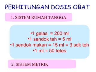 PERHITUNGAN DOSIS OBAT
1. SISTEM RUMAH TANGGA

•1 gelas = 200 ml
•1 sendok teh = 5 ml
•1 sendok makan = 15 ml = 3 sdk teh
•1 ml = 50 tetes
2. SISTEM METRIK

 