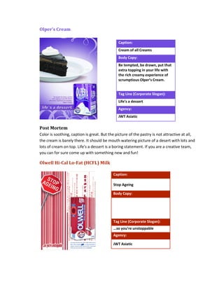 Olper’s Cream
Caption:
Cream of all Creams
Body Copy:
Be tempted, be drawn, put that
extra topping in your life with
the rich creamy experience of
scrumptious Olper’s Cream.
Tag Line (Corporate Slogan):
Life’s a dessert
Agency:
JWT Asiatic

Post Mortem
Color is soothing, caption is great. But the picture of the pastry is not attractive at all,
the cream is barely there. It should be mouth watering picture of a desert with lots and
lots of cream on top. Life's a dessert is a boring statement. If you are a creative team,
you can for sure come up with something new and fun!

Olwell Hi-Cal Lo-Fat (HCFL) Milk
Caption:
Stop Ageing
Body Copy:

Tag Line (Corporate Slogan):
…so you’re unstoppable
Agency:
JWT Asiatic

 